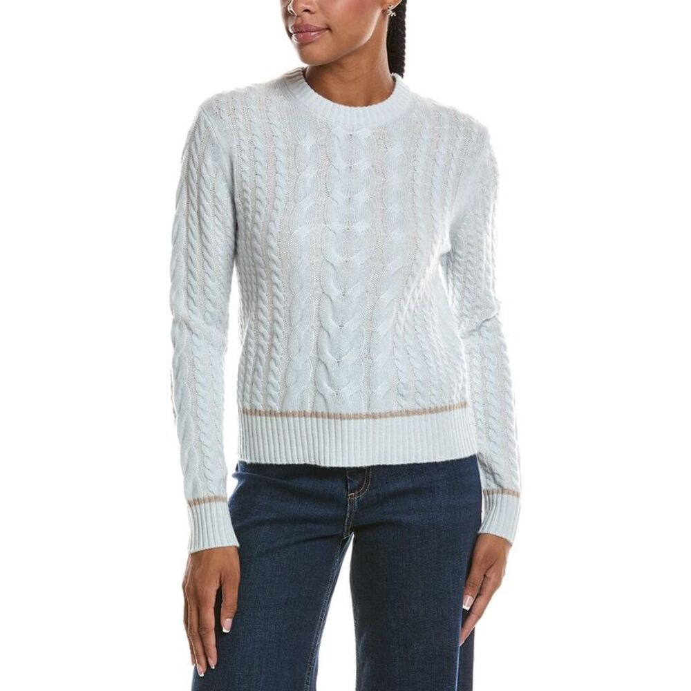 Forte Cashmere Womens Plaited Tipped Cable Crew Cashmere Sweater, Blue
